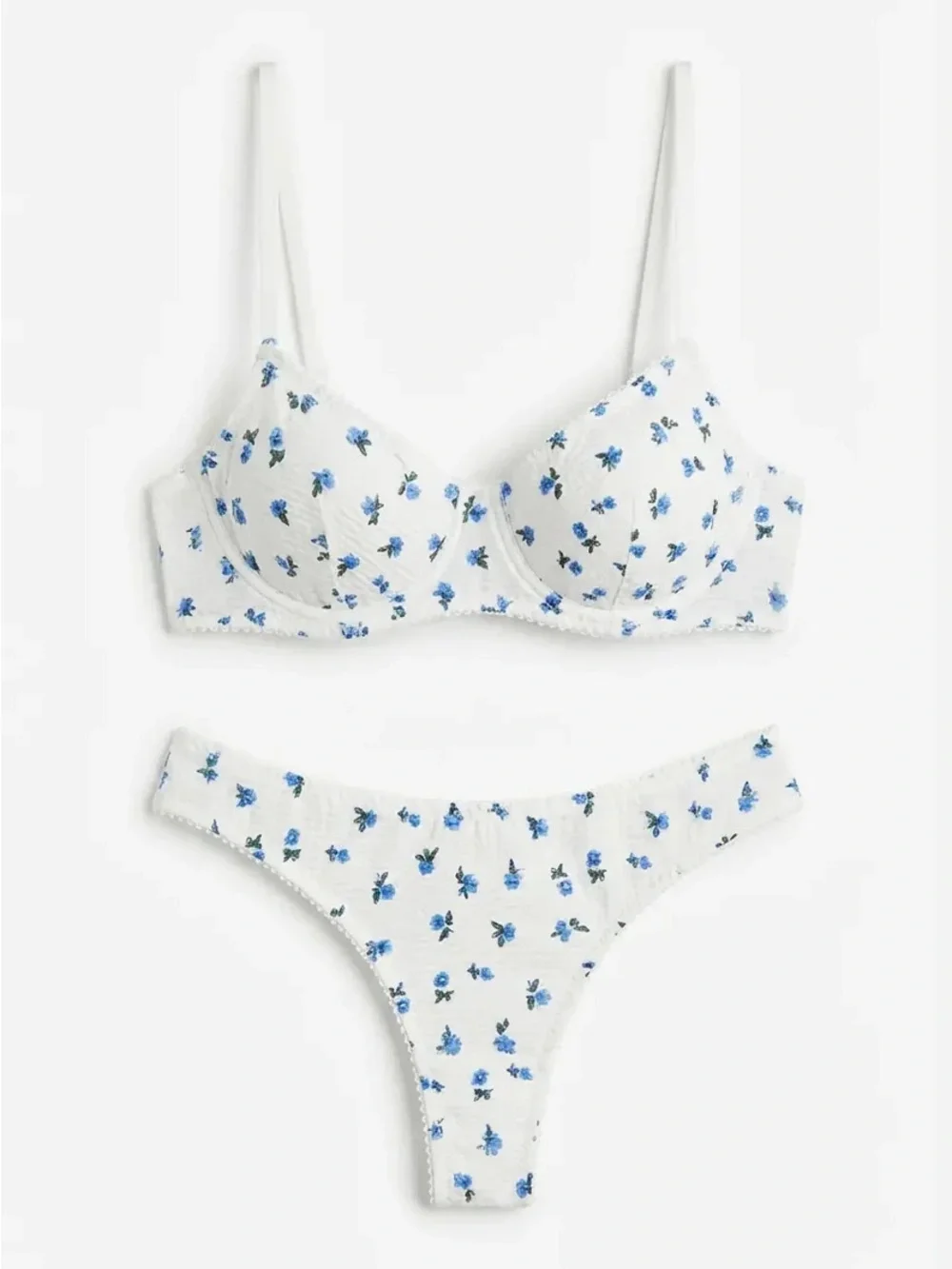 White Floral Underwire Bra & Thong Set - Blue Floral